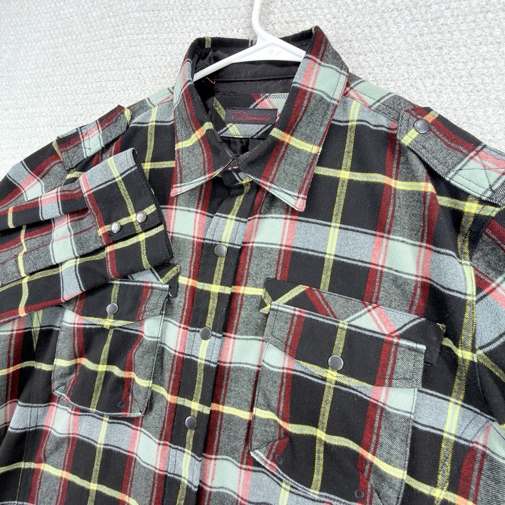 7 Diamonds Flannel Shirt Mens L Plaid Snap Front Western Utility Embroidered